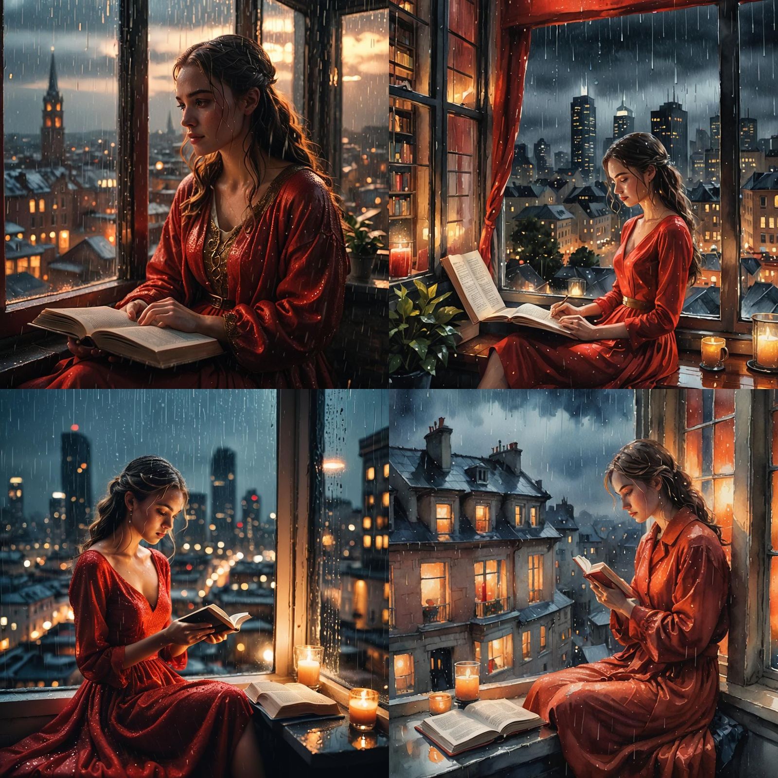 Rainy City Window Scene with Girl Reading