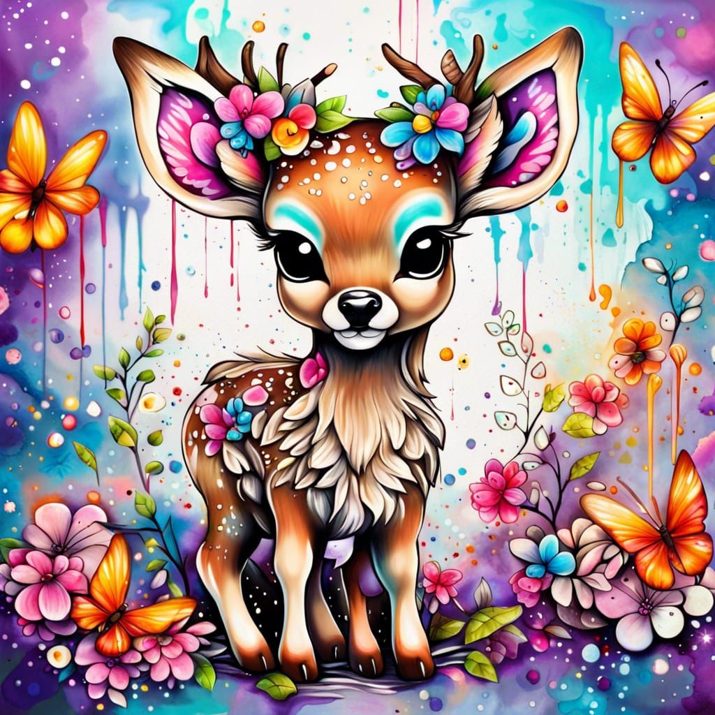 Chibi Deer in Enchanted Floral Graffiti Art