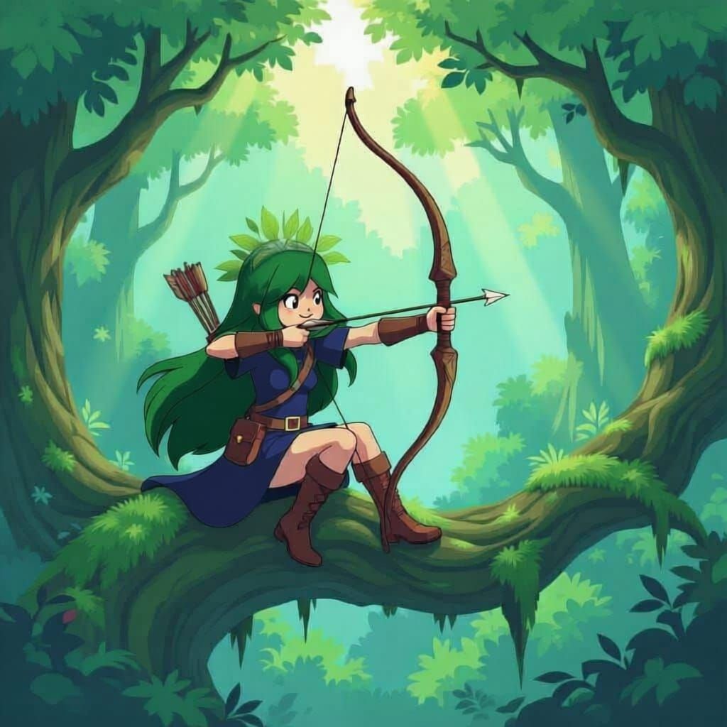 Huntress Wizard Sits on Tree in Forest