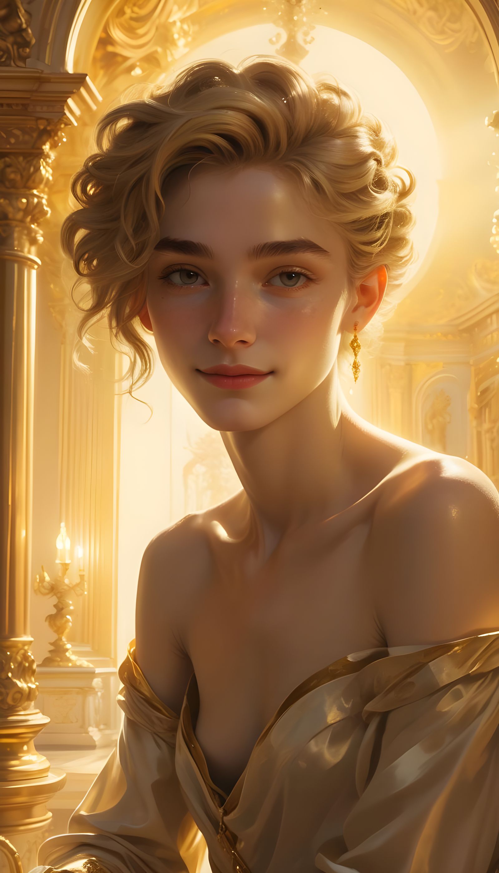 Golden Androgynous Figure in Baroque Chamber