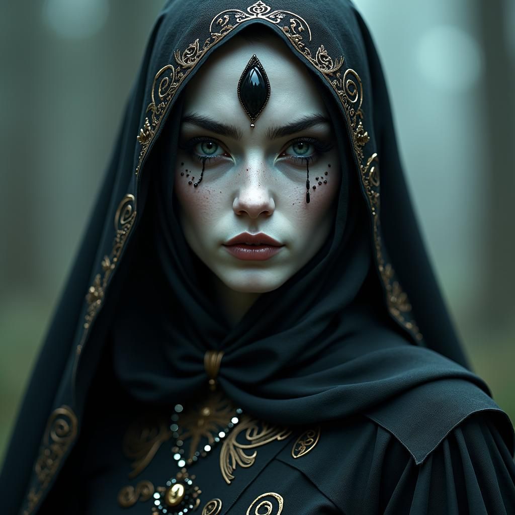 Mystical Pale Witch in Dark Medieval Gown