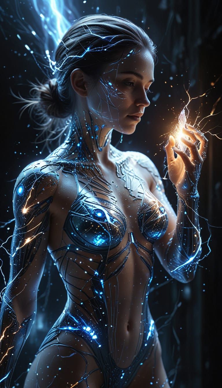 AI Woman With Electricity and Glowing Crystal in Sci-Fi Art