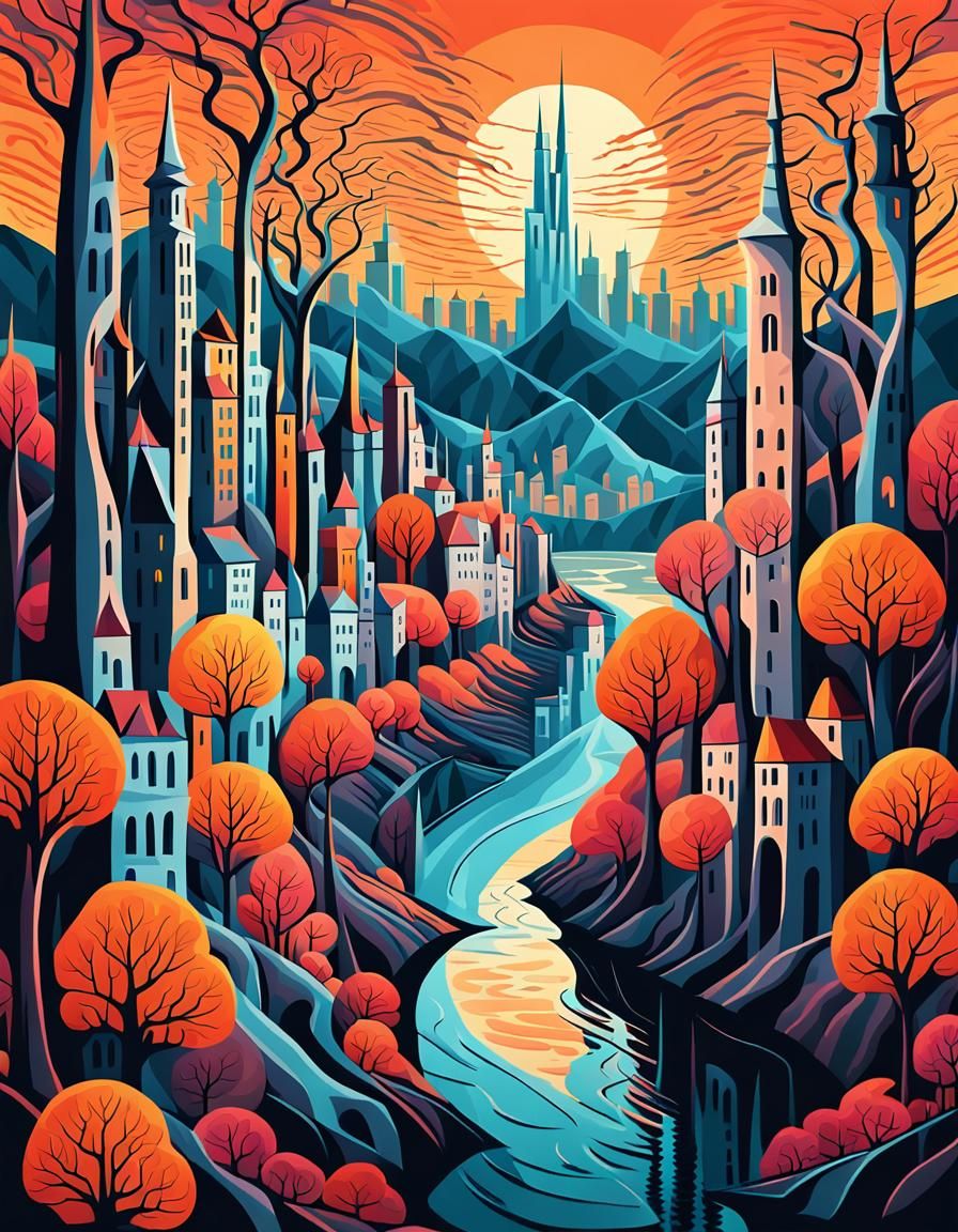 Surreal Cityscape in Organic Futurism Style