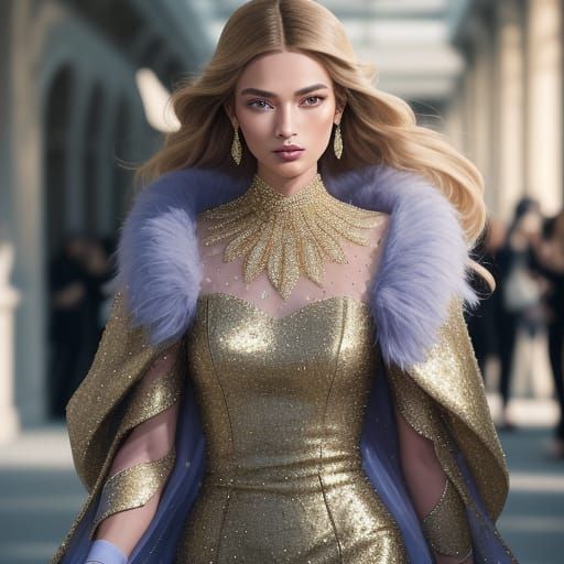 Serene Fashion Model Struts Down Catwalk in Golden Light