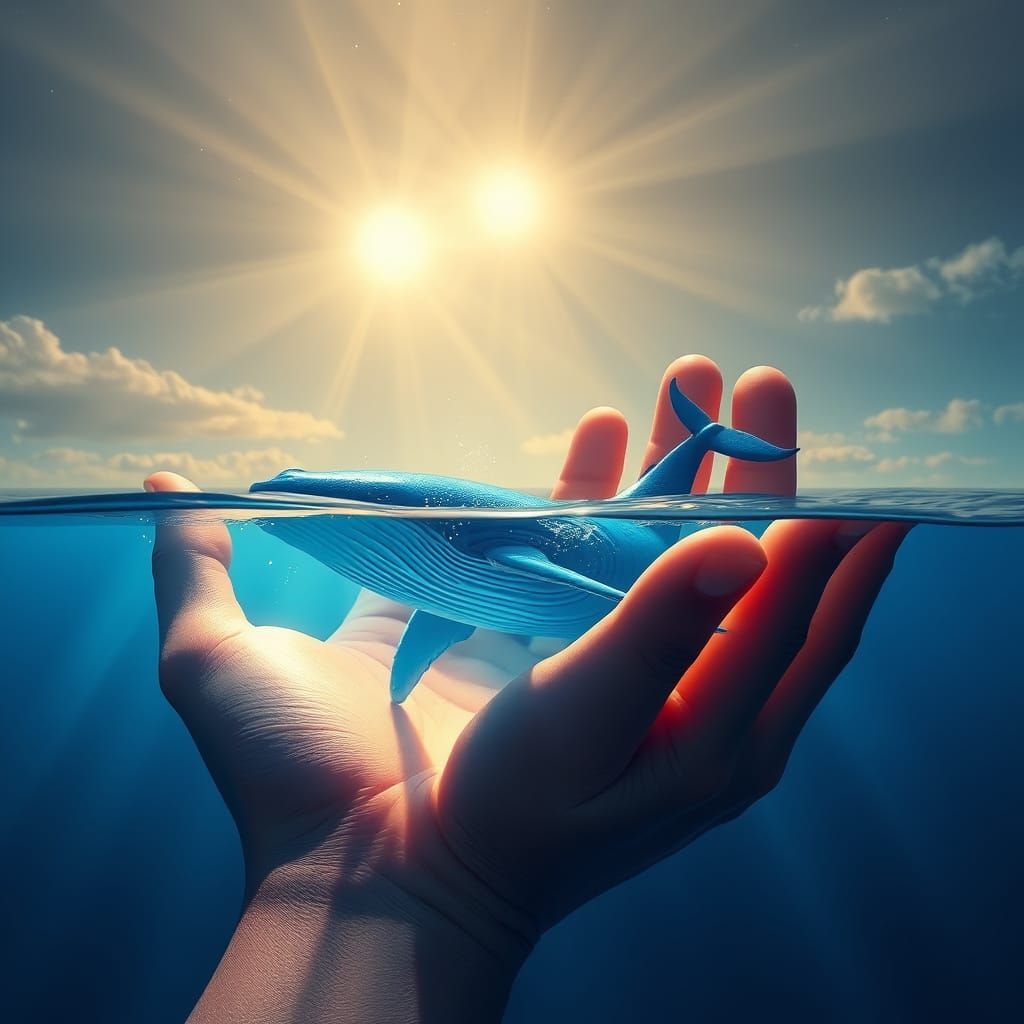 Miniature Ocean Held by Glowing Hands