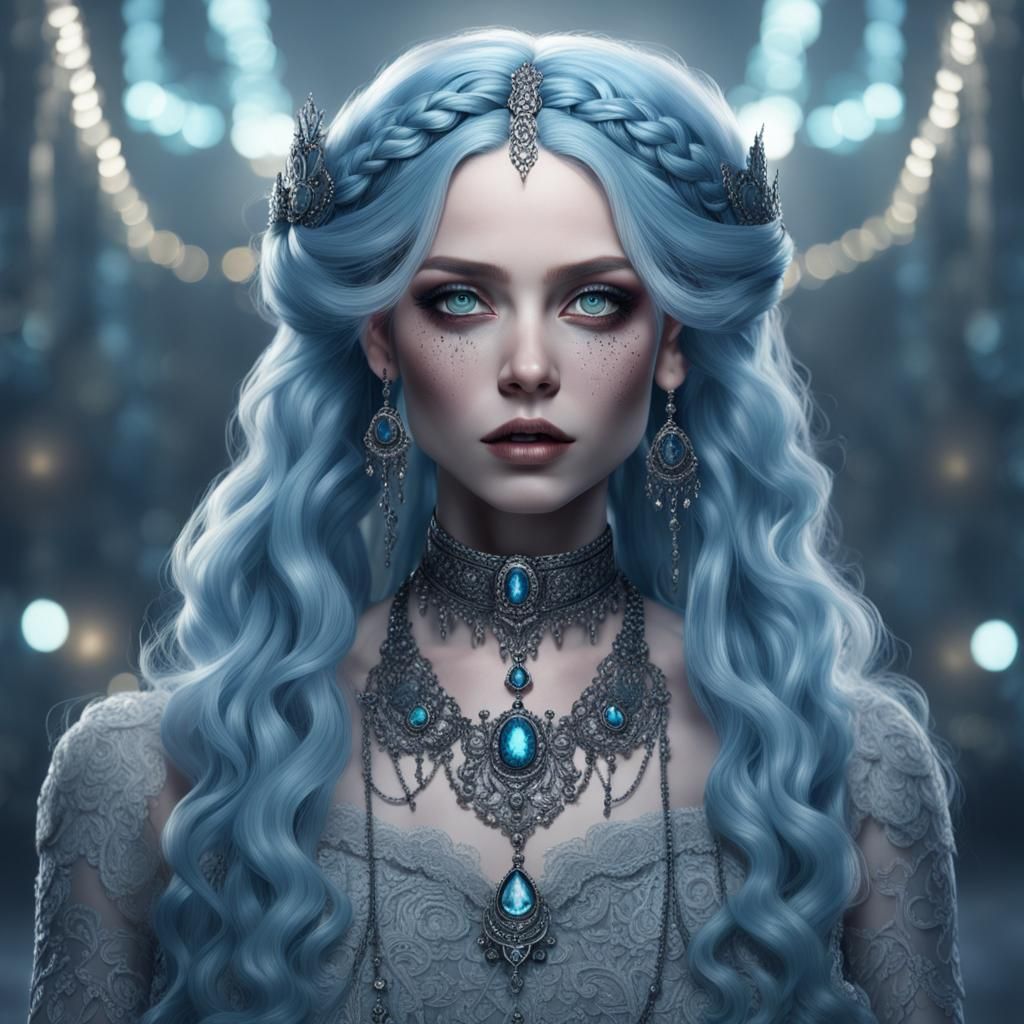 Gothic Woman with Braided Blue Hair in Digital Painting