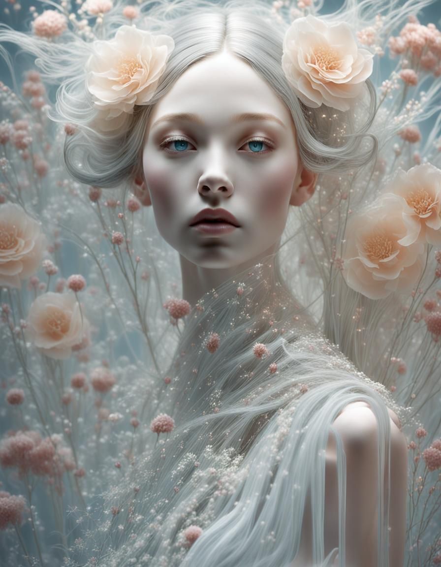 Ethereal Glass Girl in Floral Dreamscape: 3D Render