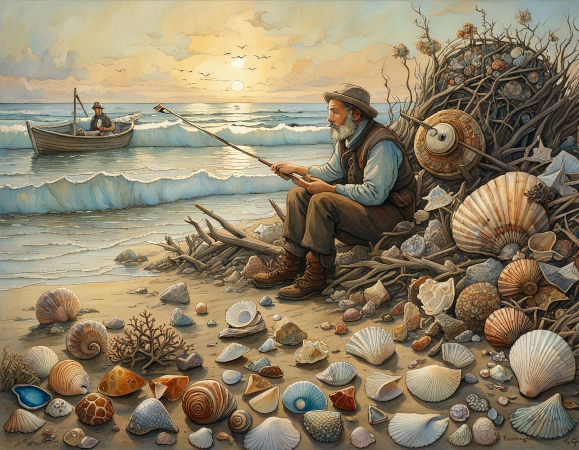 Beachcombers Find Washed-Up Treasures in Watercolor