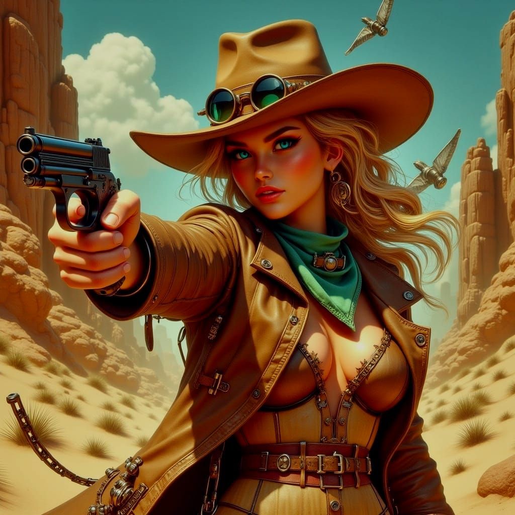 Blonde Gunslinger in Steampunk World