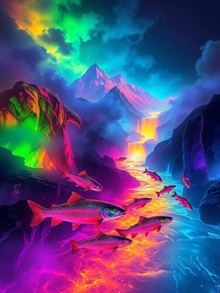 Neon Trout in a Rainbow Lit Landscape