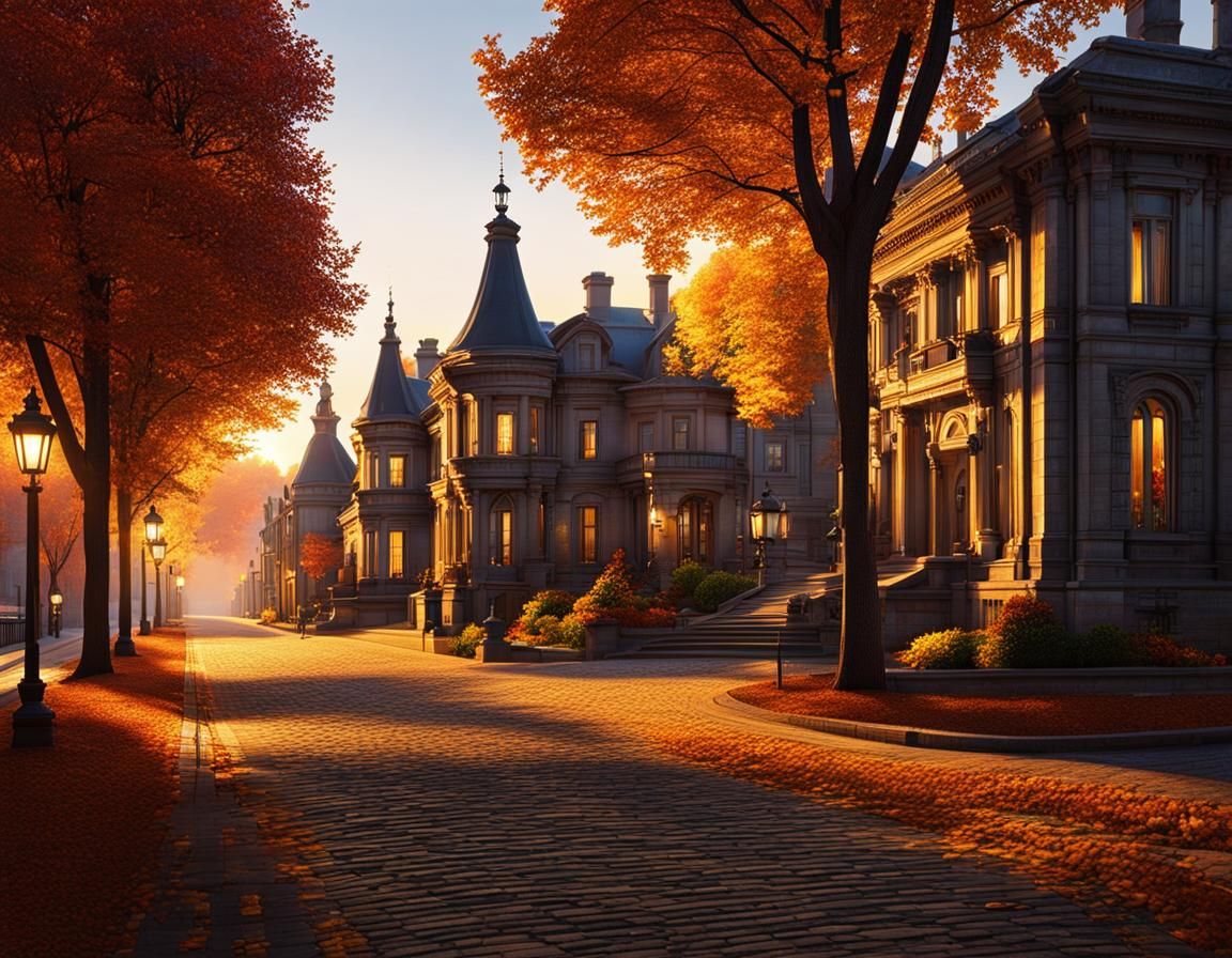 Autumn Street with Stone Mansions at Sunset