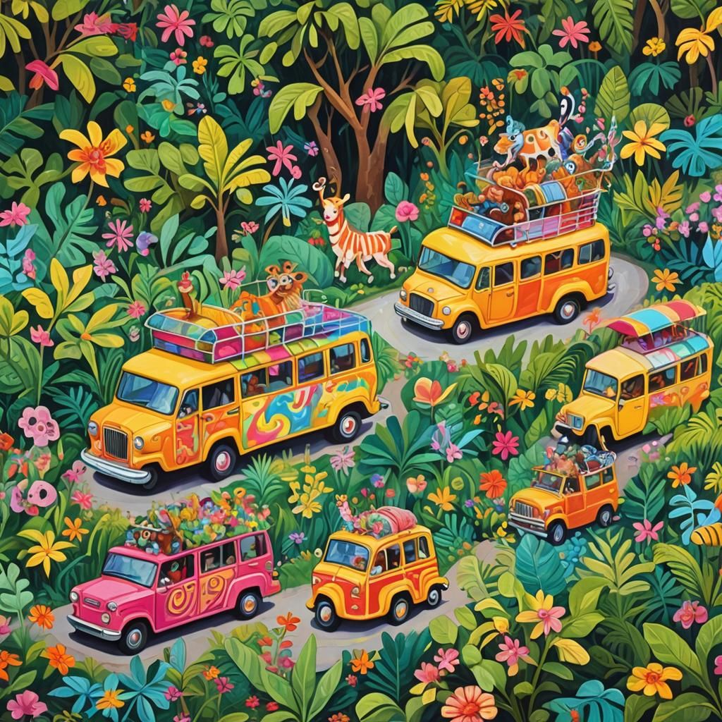 Tuk-Tuks Transporting Animals in Candyland Gouache