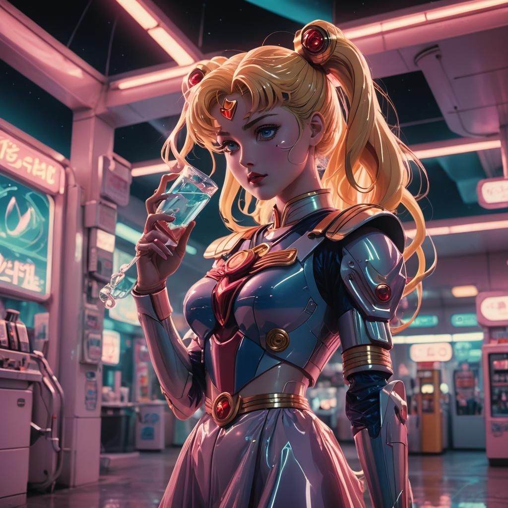 Sailor Moon at Alien Gas Station, Syd Mead Style