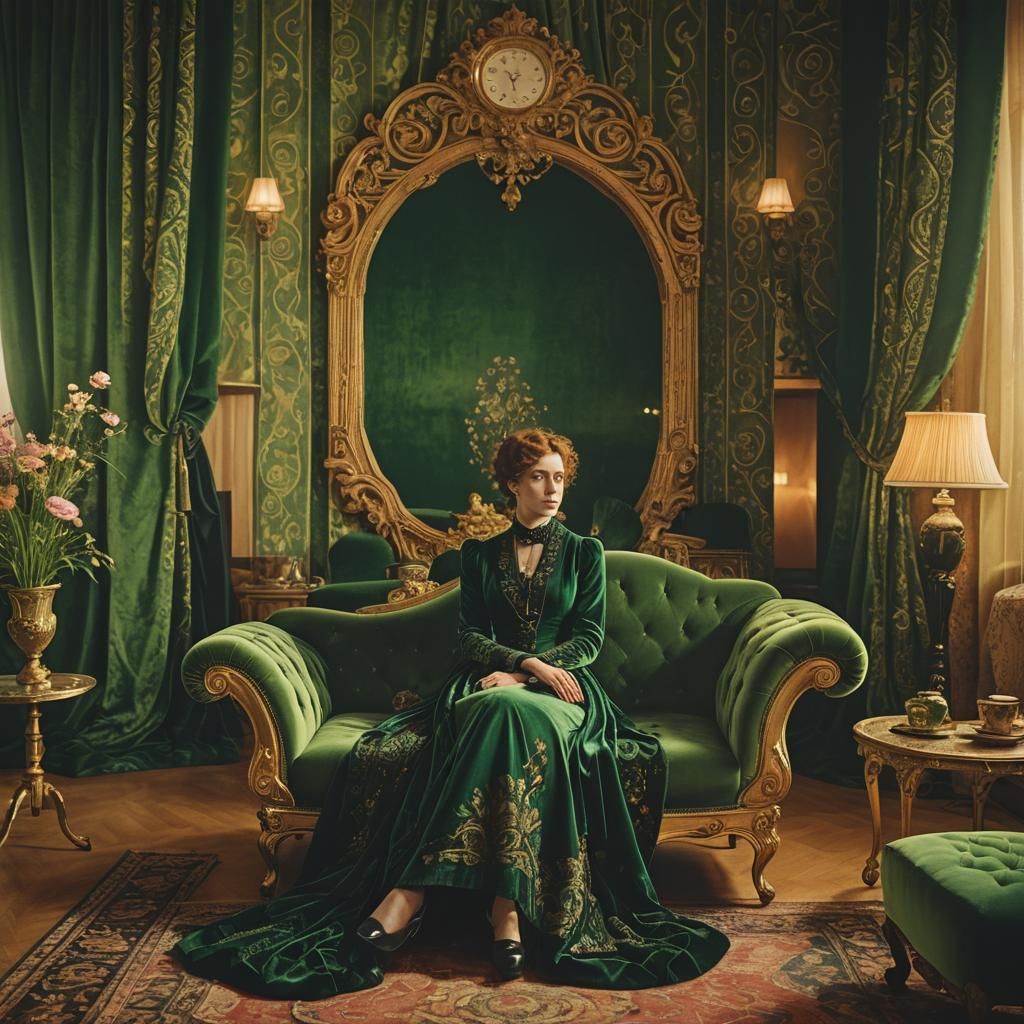 Victorian Woman in Modern Living Room as Oil Painting