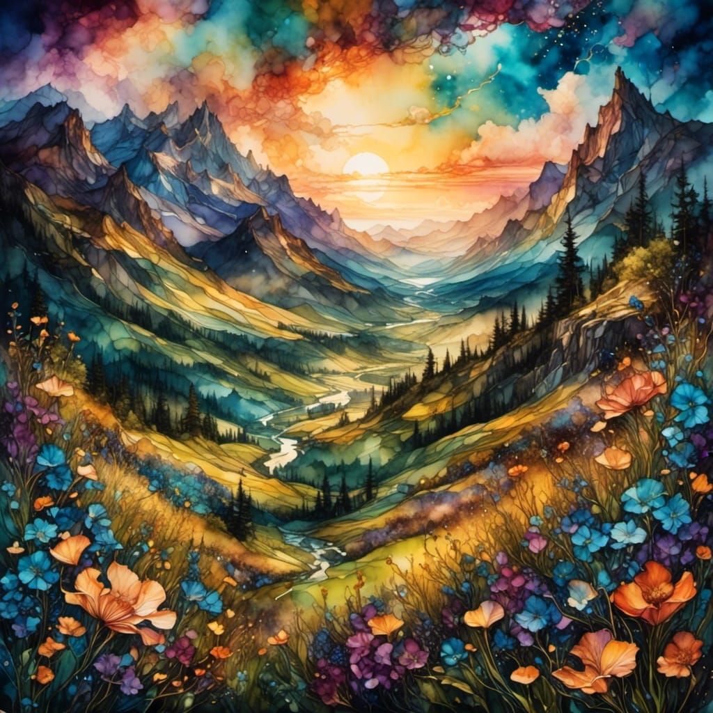Fantasy Wildflower Valley at Sunset in Ink Style
