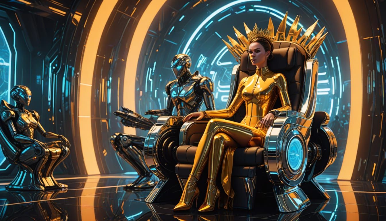 Chrome Queen in Futuristic Throne Room, Syd Mead Style