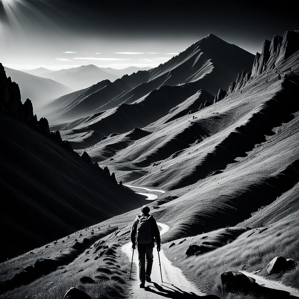 Monochrome Hiker in Film Noir Mountain Landscape