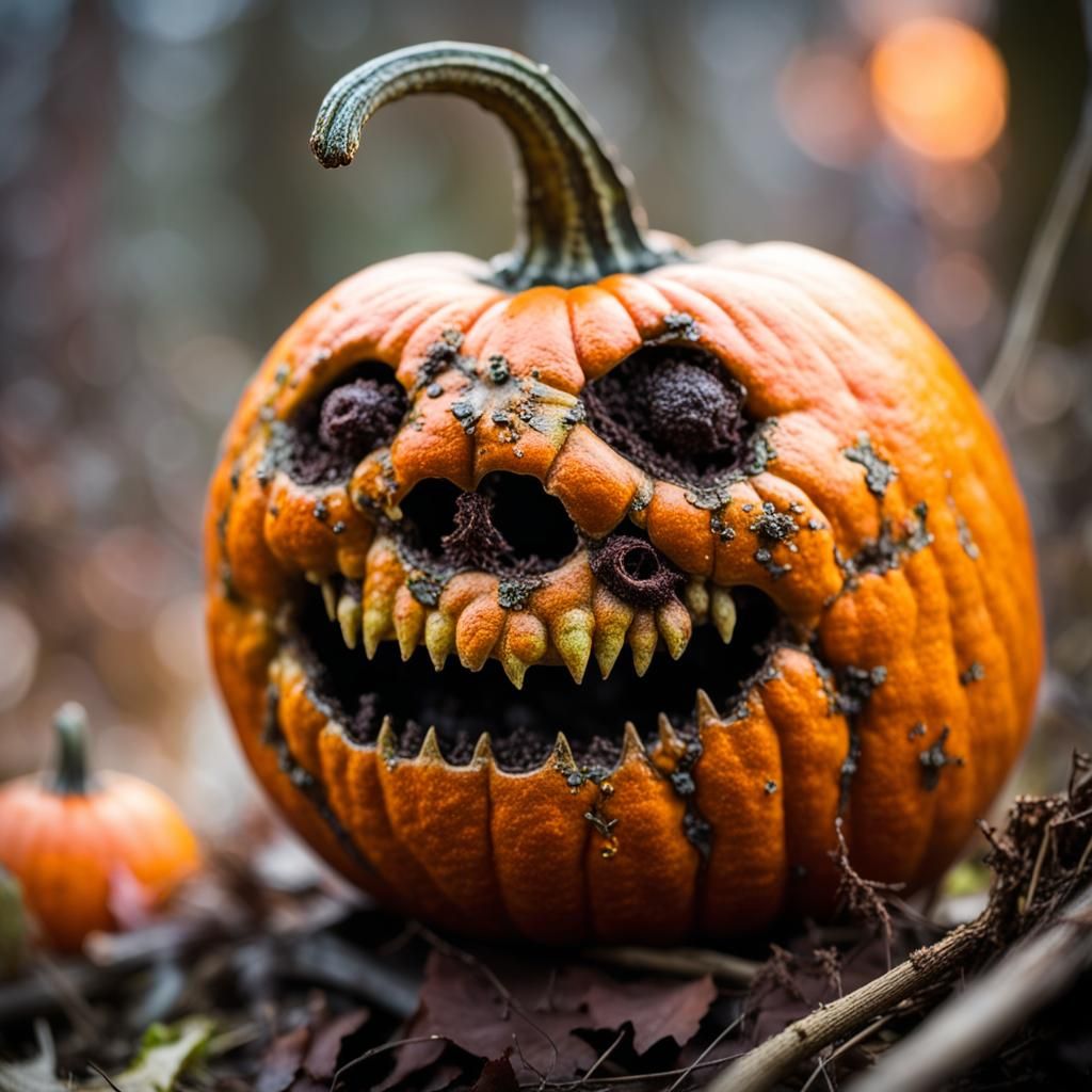 Decaying Jack-o'-Lantern Horror in a Swamp