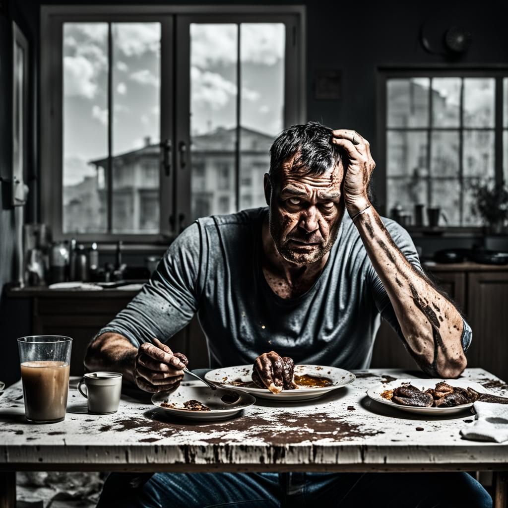 Realistic Image of a Solitary Man Eating