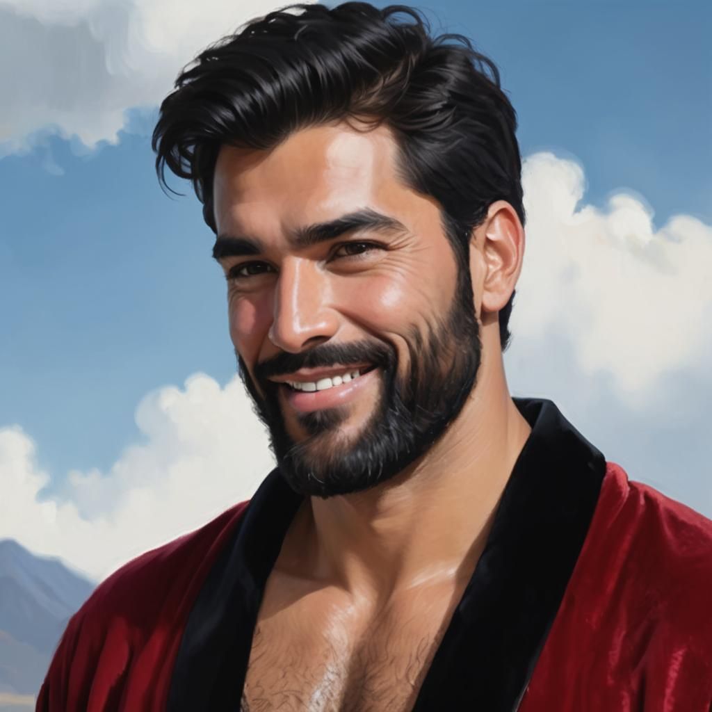 Handsome Bearded Man in Red Velvet Robe as Oil Painting