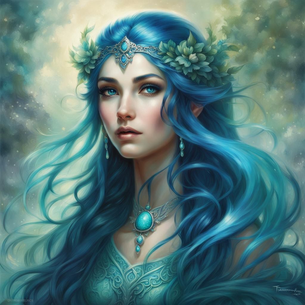 Ethereal Elf Woman with Navy-Blue Hair