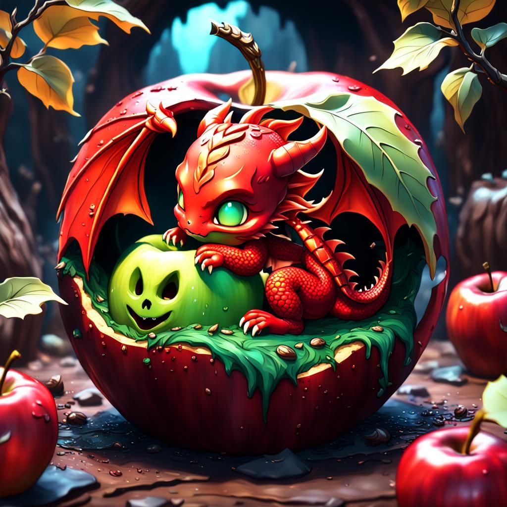 Chibi Red Dragon Asleep in Apple, Detailed Art