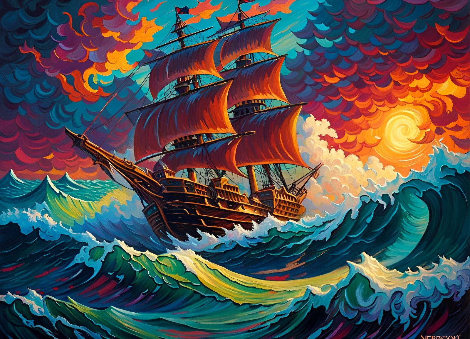 Pirate Ship Navigates Stormy Seas: Expressionist Oil Paintin...