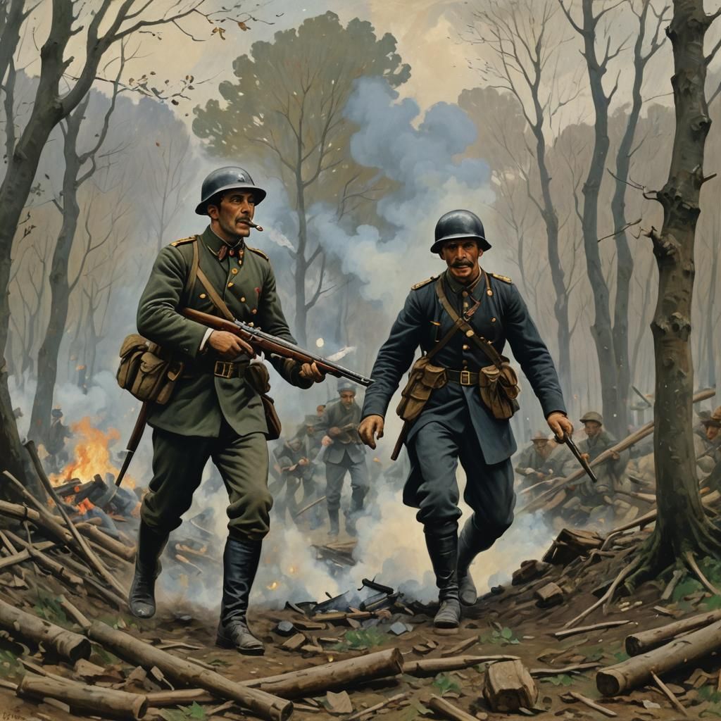 World War II Soldier in Pointillist Sunset Battle