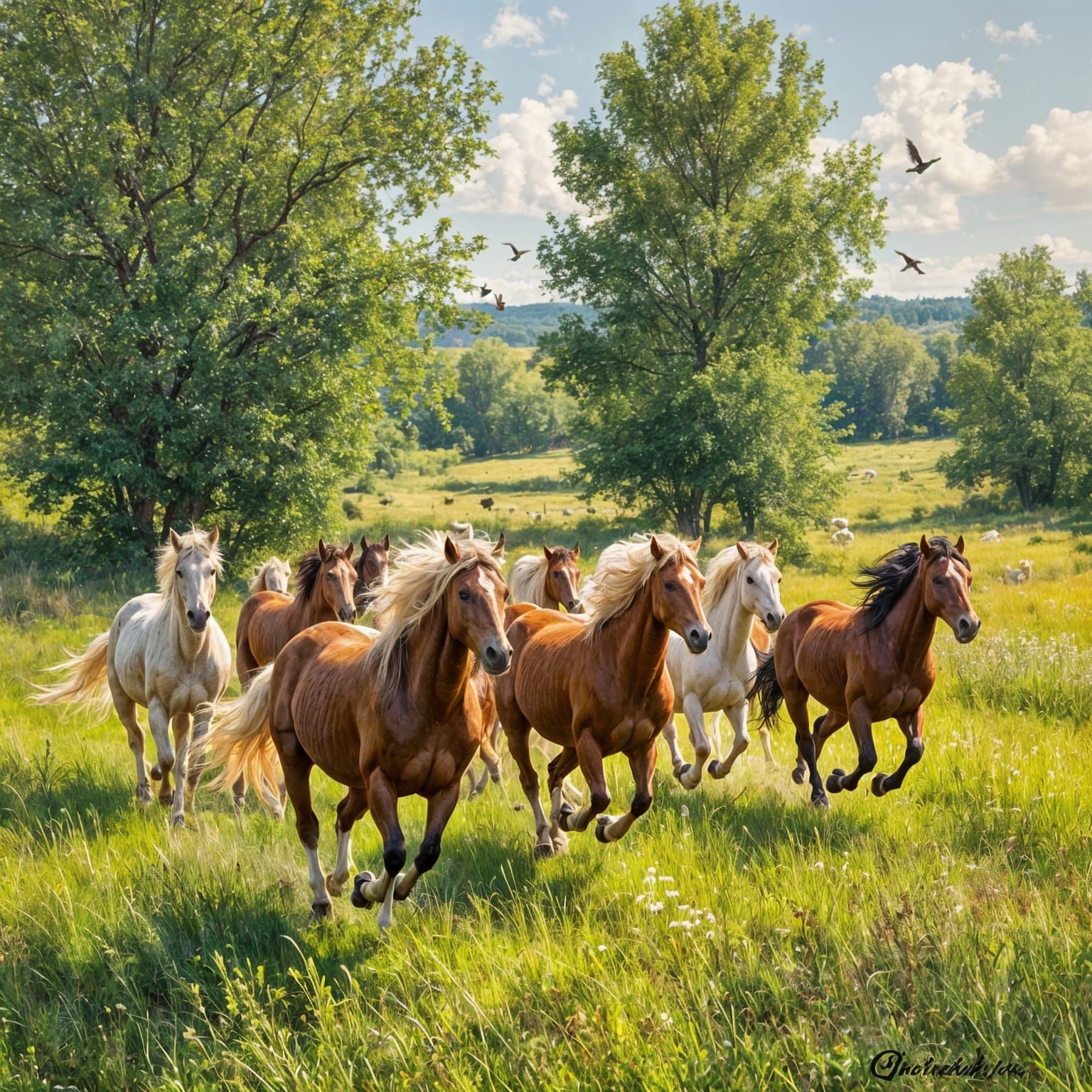 Wild Horses Galloping in Meadow, Impressionist Style