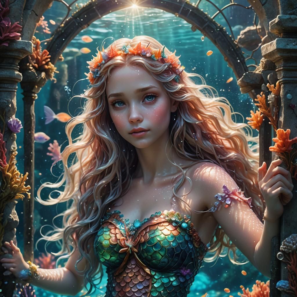 Underwater Mermaid Dissolving into Star Gate, Ethereal Art