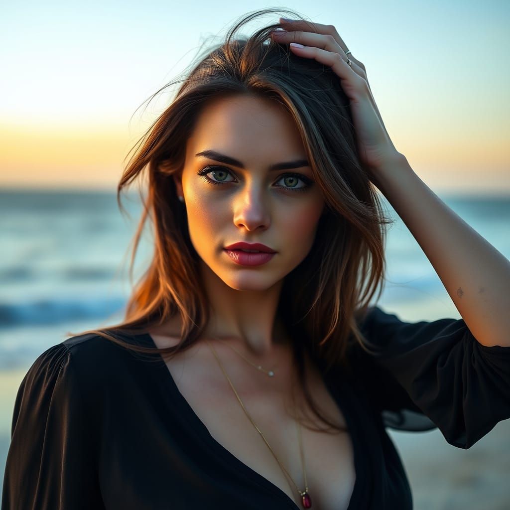 Golden Hour Portrait of Woman with Flowing Hair