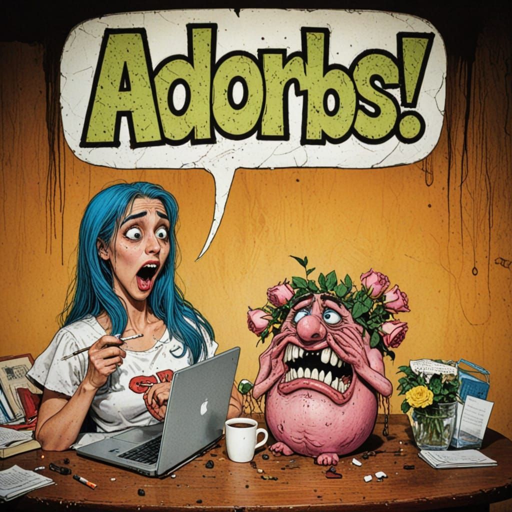 At the top of the canvas, a massive, cartoon talk bubble with text inside that says "Adorbs" in a playful, whimsical fon...