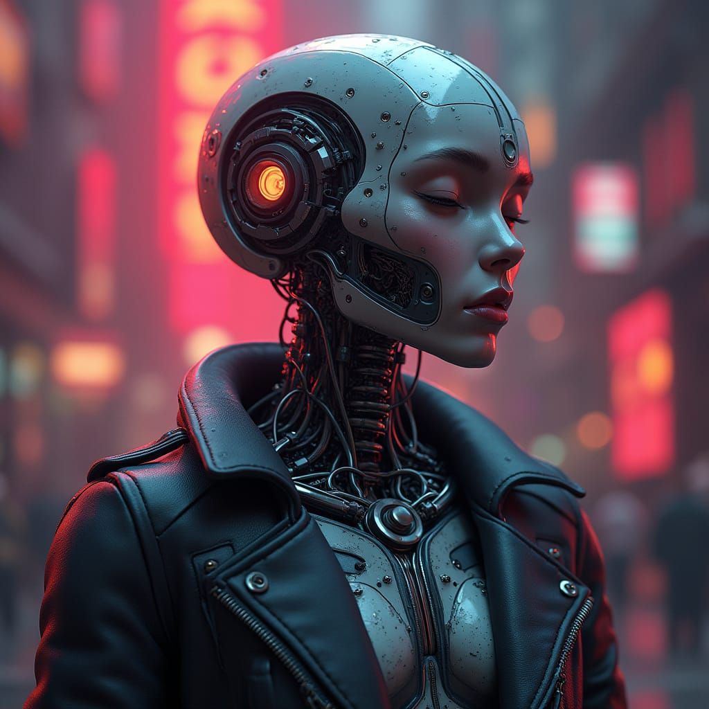 Cyberpunk Robot with Human Head in Vibrant, Detailed Scene