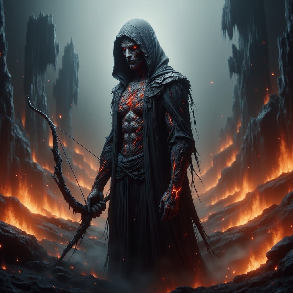 Grotesque Archer in Blazing Wasteland: Gothic Art