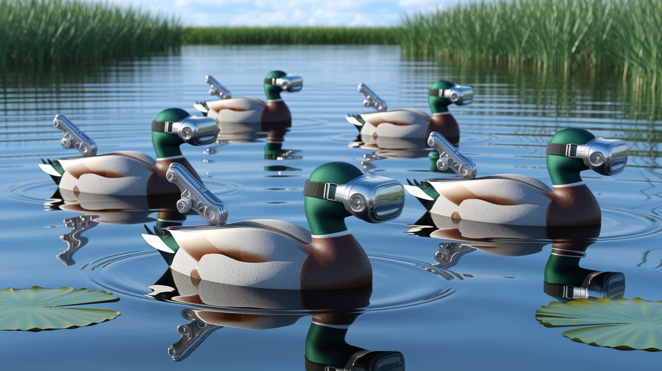 Ducks Wearing VR Headsets Swim on Serene Lake