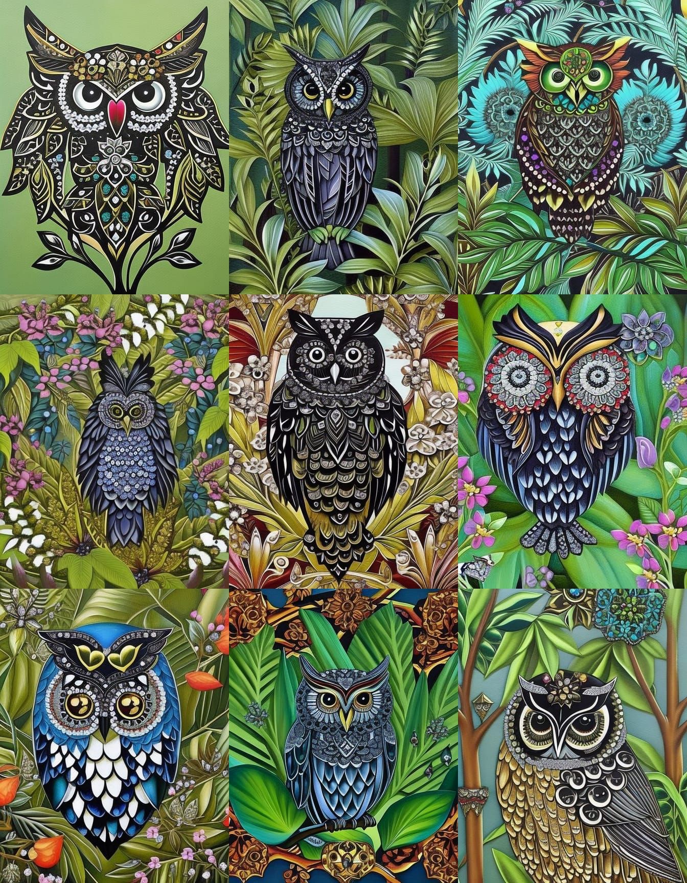Gothic Jeweled Owl Painting with Flowers and Leaves