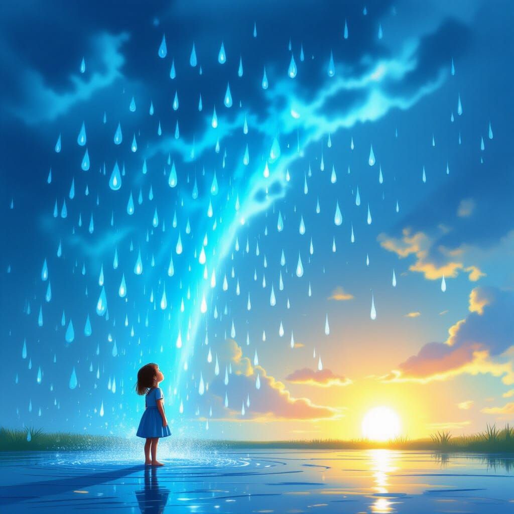 Child in Rainstorm with Sunlight Patch