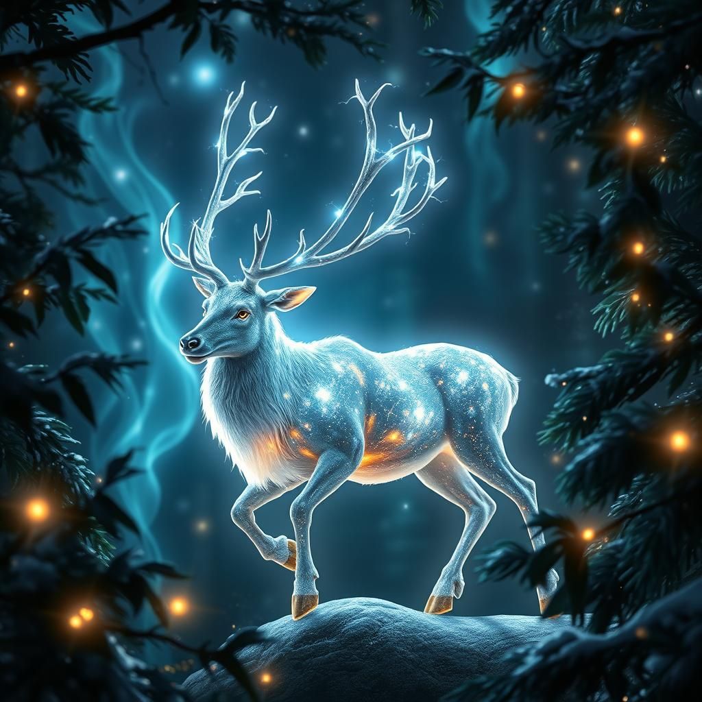 Ethereal Reindeer in Enchanted Forest at Night