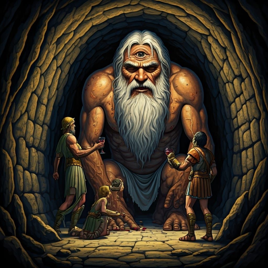 Odysseus Deceives the Cyclops in a Dark Cave