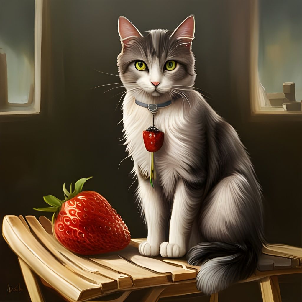 Anthropomorphic Cat Enjoys Strawberry in Ruined Village