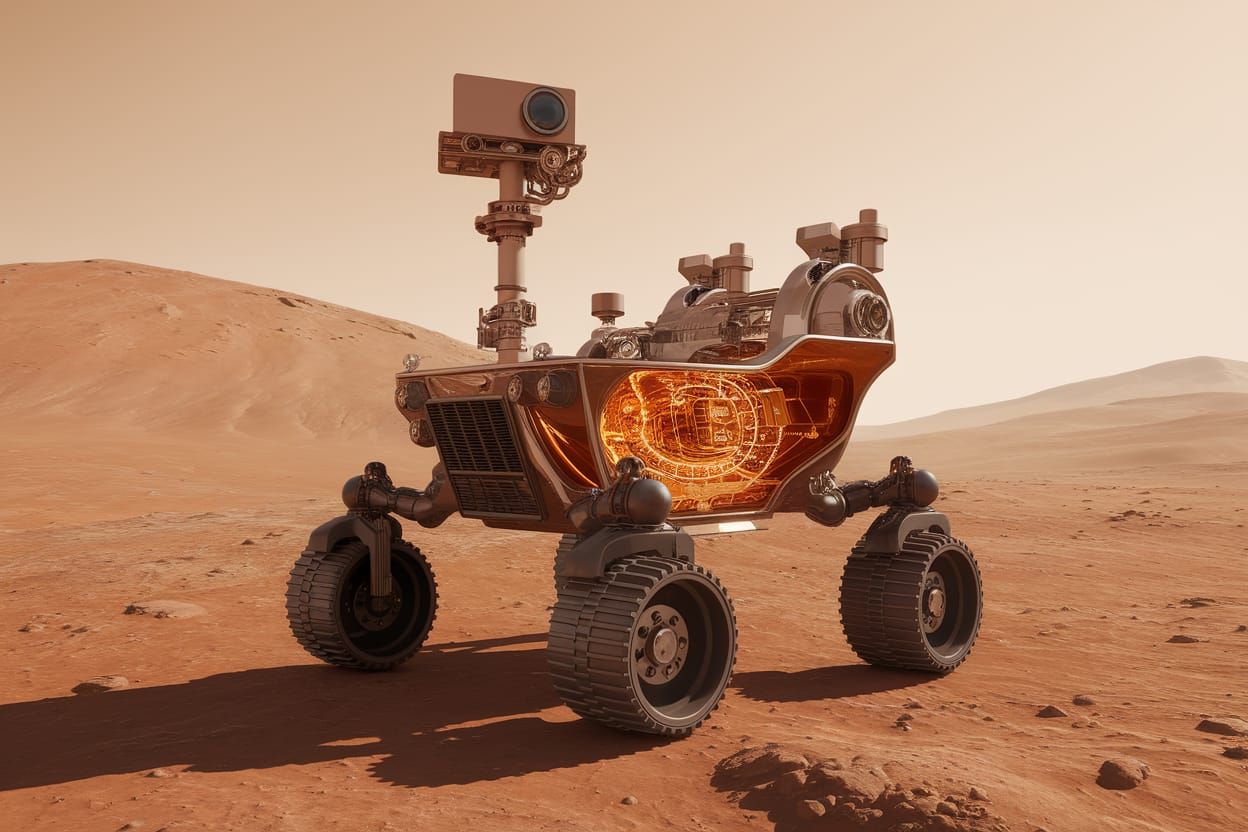 Retro-Futuristic Rover Explores Mars in Double Exposure