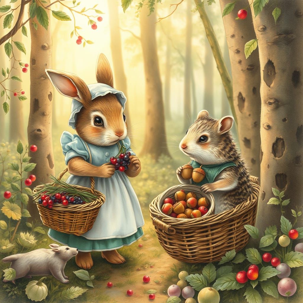 Whimsical Forest Scene: Rabbit and Hedgehog Gathering