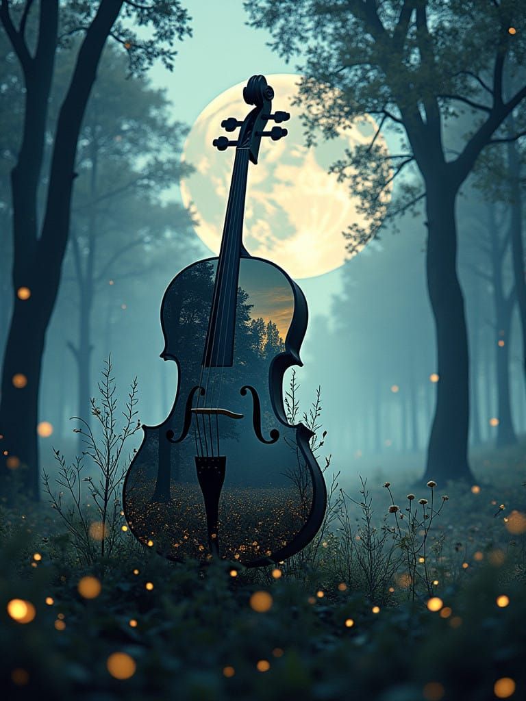 Surreal Cello Portrait in Moonlit Forest