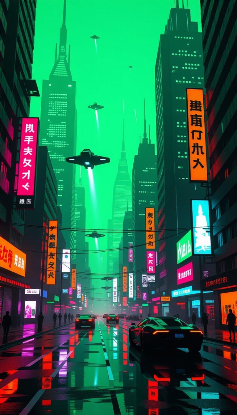 Cyberpunk Cityscape with Neon Lights and Flying Vehicles