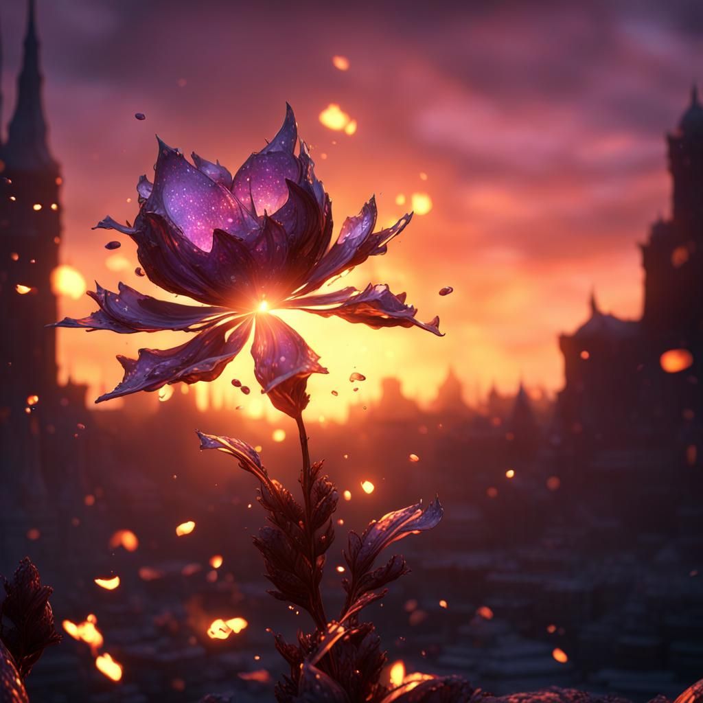 Shimmering Flower Burns at Sunrise: Dark Fantasy Art