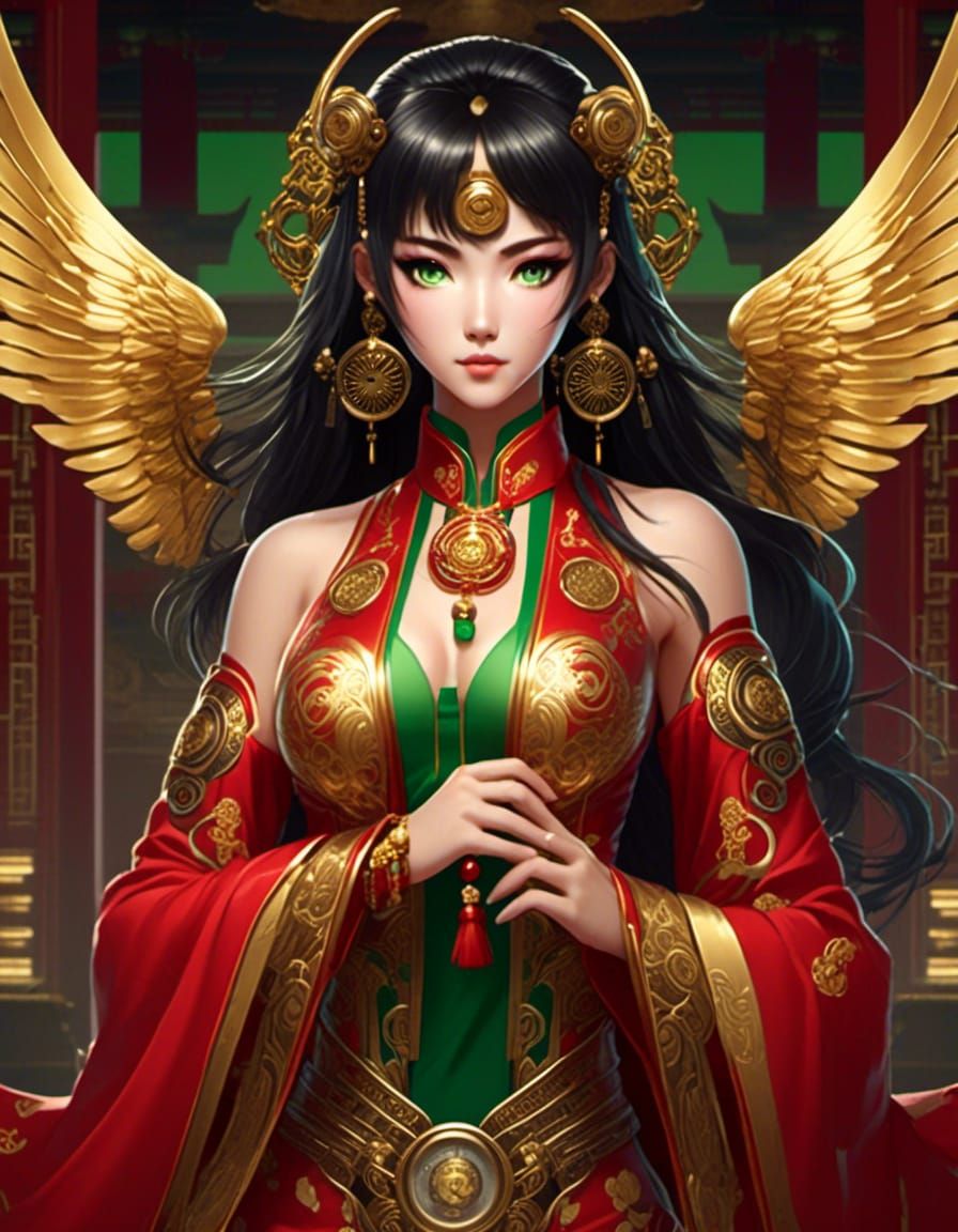 Symmetrical Steampunk Asian Anime Goddess, flowing Black hair, green eyes, gold angel wings, Red & Gold robe dress print...