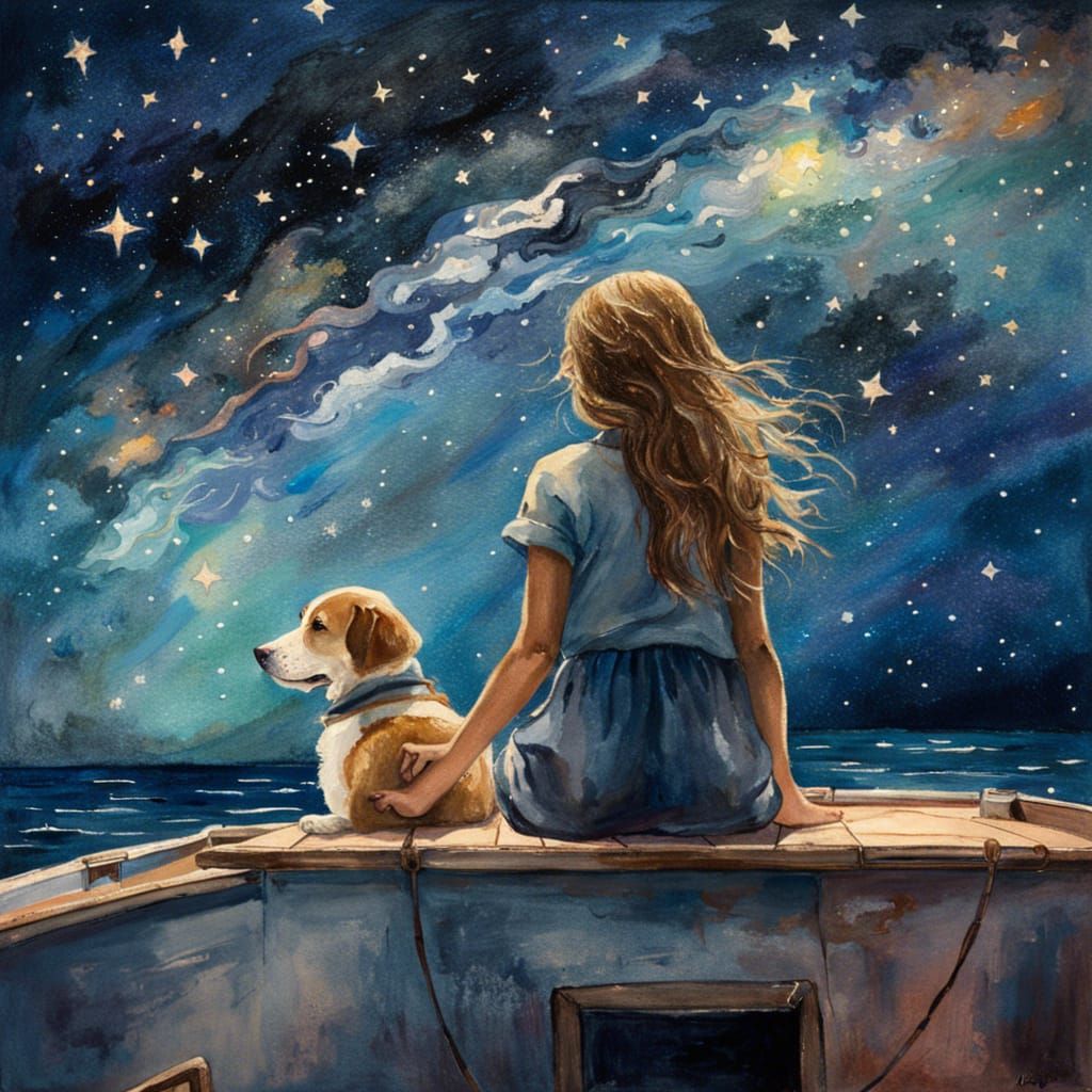 Girl and Dog Stargazing in Watercolor Da Vinci Sky