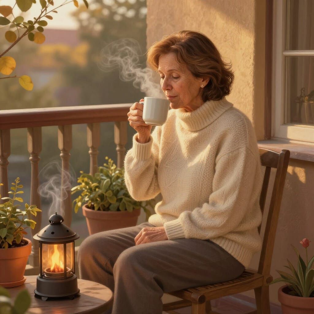 Serene Autumn Afternoon: Woman Enjoys Coffee on Balcony