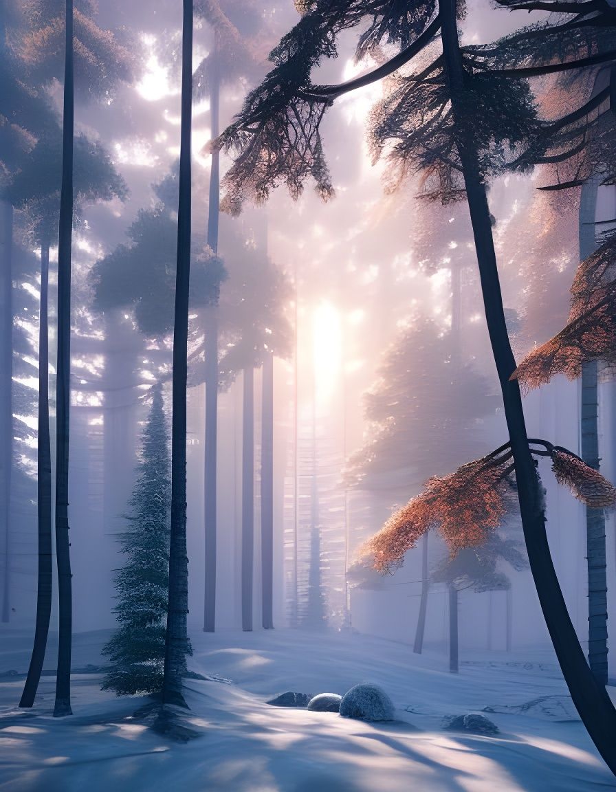 Ethereal Winter Forest in Sunlight, Oil Painting Style