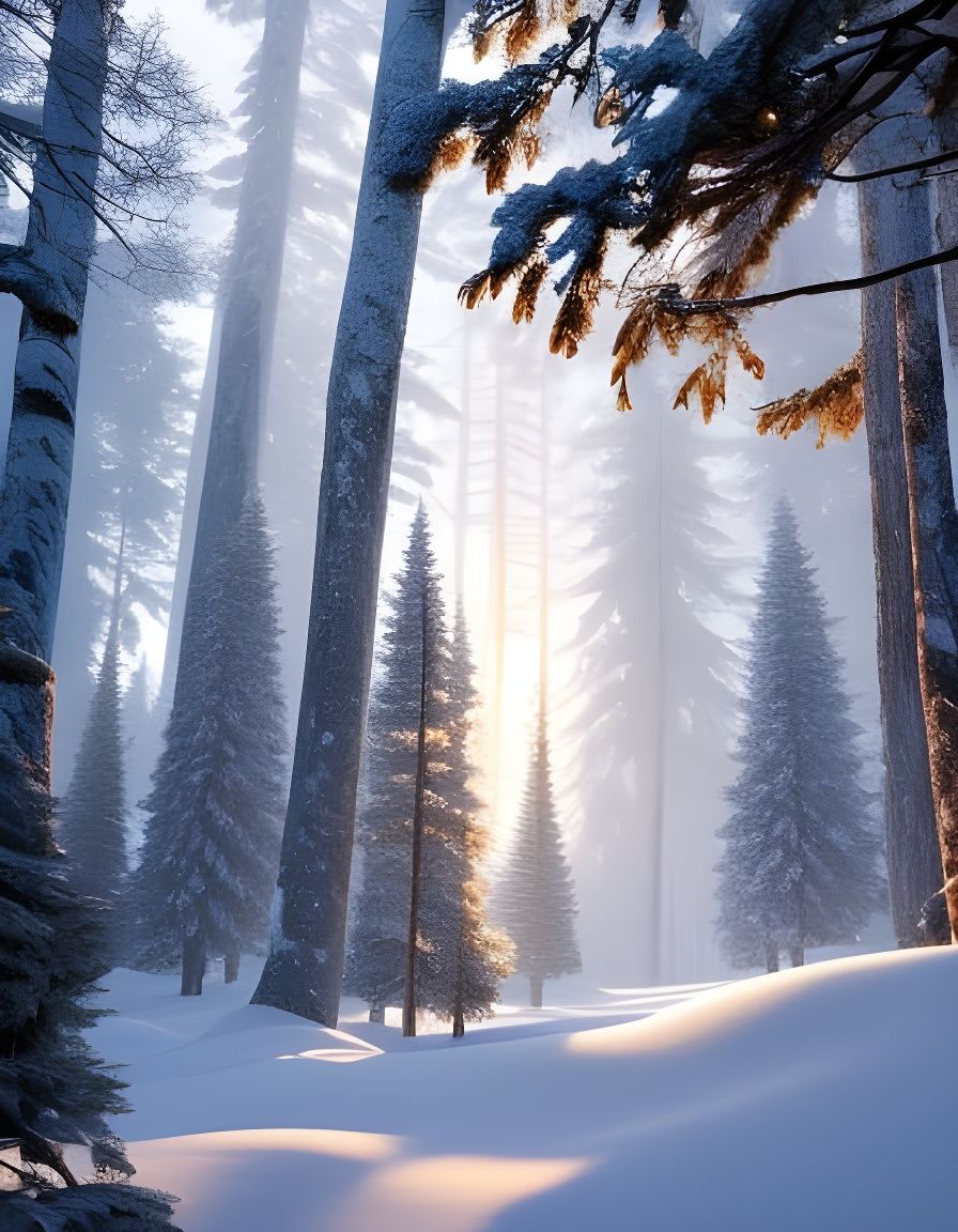 Ethereal Winter Forest in Sunlight, Oil Painting Style